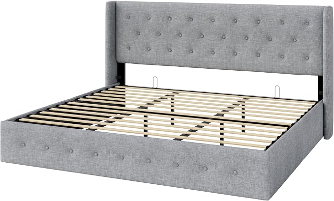 Allewie King Size Lift Up Storage Bed, Button Tufted Headboard with Wingback, Hydraulic Support, No Box Spring Needed, Light Grey