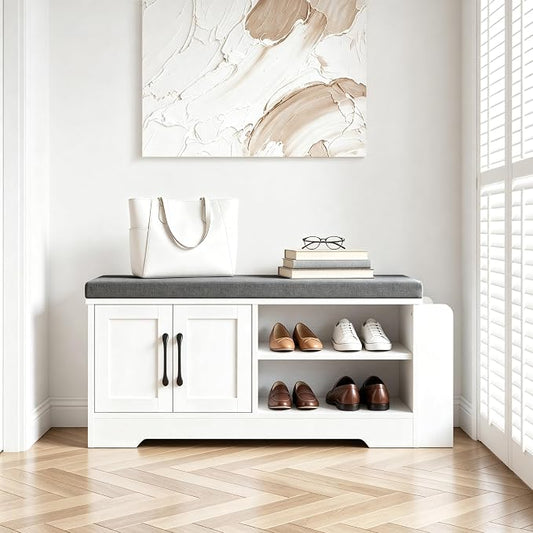 GRUSIGN 39.6" Shoe Storage Bench with Cushion, Entryway Shoe Cabinet, White | 3-in-1 Shoe Storage Bench, Adjustable Shelves, Removable Cushion, 300 lbs Capacity, Entryway, Apartment, Families