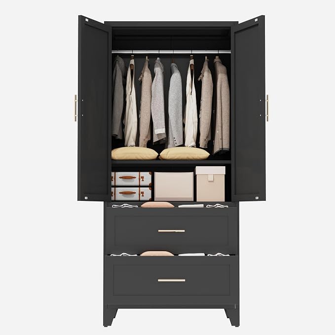 Anwick Metal Wardrobe Closet, 71" Tall Black Metal Wardrobe Cabinet with Hanging Rod, 2 Drawers, 2 Doors and Adjustable Shelf for Bedroom Guest Room Laundry Room (Black, 71" Tall)