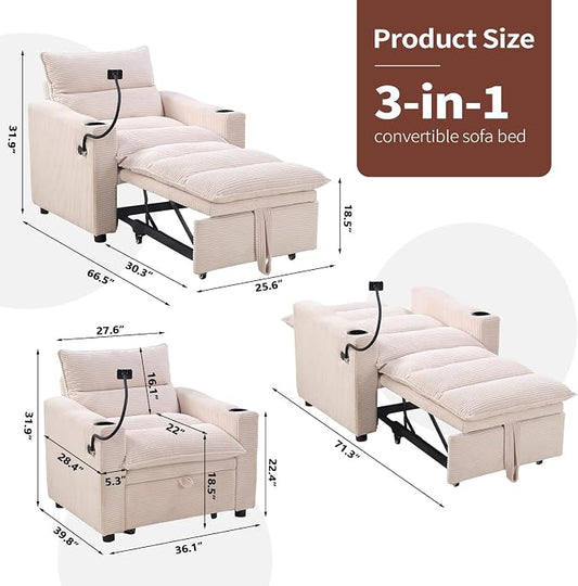 HAOMARKETS Corduroy Sleeper Sofa Bed with Cup Holders, 3-in-1 Convertible Pullout Futon Couch with Phone Holder&USB Charge Port, Single Armchair with 3-Level Adjustable Backrest for Apartment