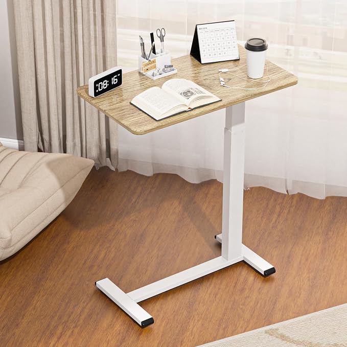 Ywin Medical Overbed Table with Wheels, Pneumatic Lift, Light Rustic Brown | Rolling Bedside Table, Adjustable Height 27–43Inch, Mobile Portable Laptop Desk Perfect for Home Use, Patient Care, Office