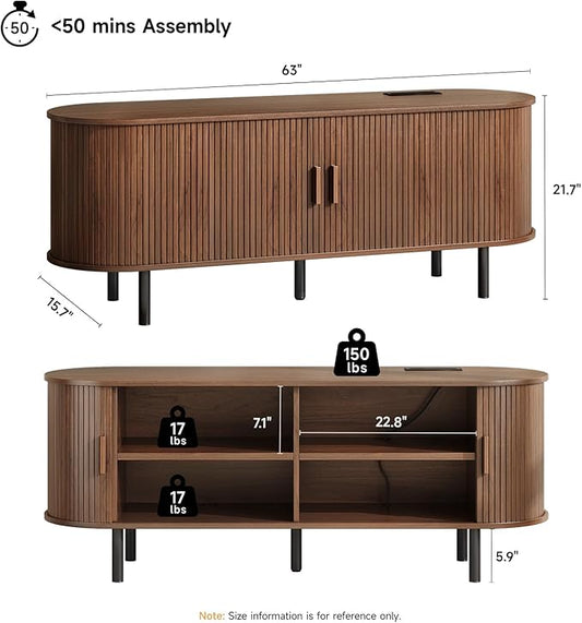 ONBRILL 63" TV Stand with Power Outlet for TVs up to 70 Inch, Entertainment Center with Storage and Adjustable Shelves, Modern Media Console with Sliding Doors for Living Room, Walnut