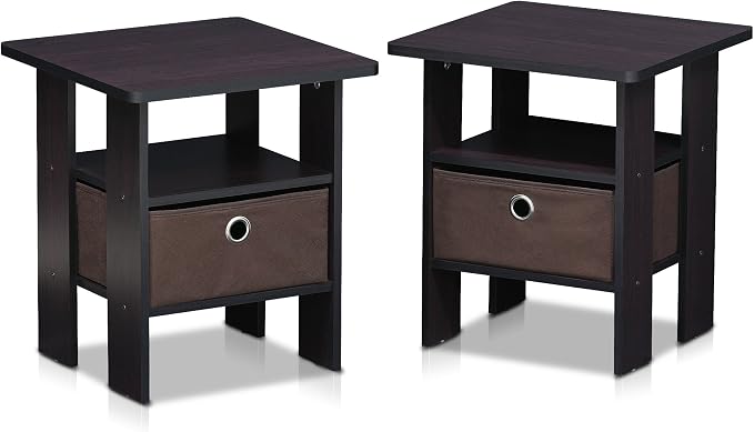 Furinno TIDUR Night Stand Set of 2, Nightstand with Storage, Dark Walnut | Open Shelf Design, Bedside Table, End Table, Side Table for Bedroom, Living Room