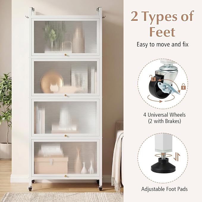 Giantex 5-Tier Kitchen Storage Cabinet, Freestanding Metal Pantry Cabinet w/ 4 Flip-up PC Doors, 4 Hooks & Adjustable Feet, 60” Tall Bakers Rack Microwave Stand for Dining Room, Living Room, White