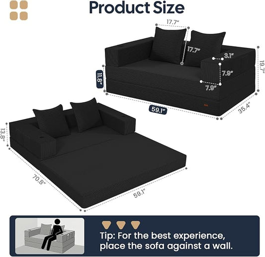 COMAX Futon Sofa Bed, Convertible Sofa Bed, Folding Boneless Couches | Boneless Couch for living room, 4‑in‑1 Fold Out Small Foldable Loveseat Floor Sleeper Mattress Lounge Space‑Saving, Black