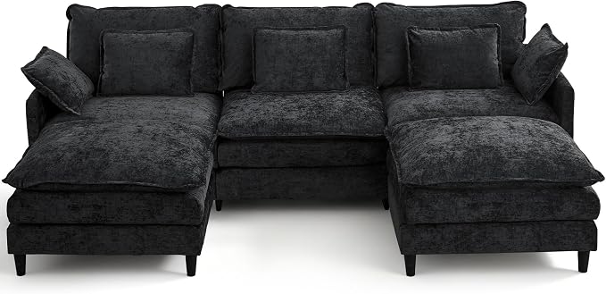 113" Chenille Modular Sectional Sofa, Convertible L Shaped Modular Sofa Comfy Cloud Couch with Ottoman, Side Pockets and 5 Throw Pillows for Living Room (Black, 113" - 5 Seats)