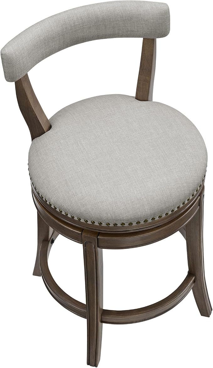 ROME + OAK Ruxban 26" Counter Stool, Set of 2 Low Back Swivel Barstools in Weathered Oak Finish with Sand Fabric Upholstery Seat - Indoor Home Furniture