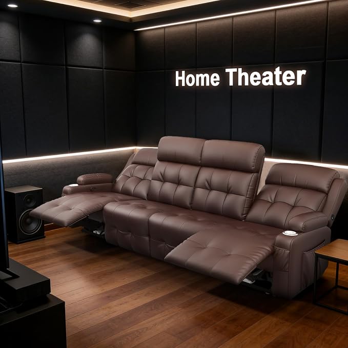 Reclining Couch, 113" PU Leather Sofa Recliner with Massage - 4 Seat Home Theater Seating Comfy Soft, Manual Wall Hugger Reclining with Lumbar Support Sofa Set for Family Living Room, Brown