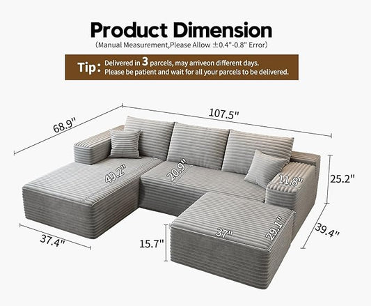 107.5" Cloud Modular Sectional Couch with 1 Ottoman,Modern Minimalist Upholstered Couches, Comfort U Shaped Sofa for Living Room,Deep Seat Corner Couch,No Assembly Required (Grey,Left Facing Chaise)