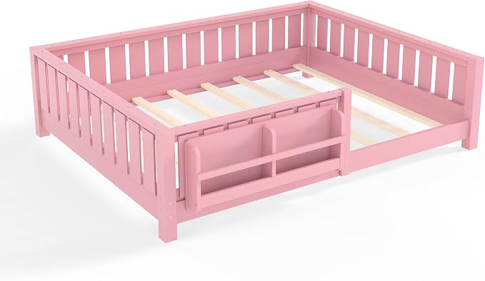 Bellemave Full Floor Bed with Slats and Rails, Full Size Montessori Floor Bed with Bookcase and Fence, Easy Assemble Montessori Beds for Girls, Boys, Pink Floor Beds
