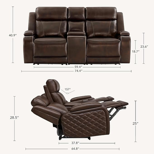 Watson & Whitely Genuine Leather Power Loveseat Recliner Sofa, Zero Gravity Reclining Sofa with Console, Power Headrest & Wireless Charging, Cup Holder, 2-Seater Recliner for Living Room, Dark Brown
