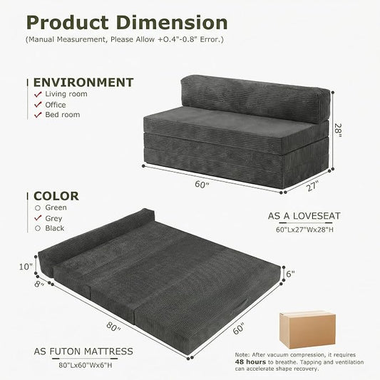 5-in-1 Convertible Sofa Bed, Boneless Loveseat, Tri-fold Futon Sofa Bed with Removable Cushions & Washable Cover, Pull Out Couch with Handle, for Small Spaces, Queen Size, Grey
