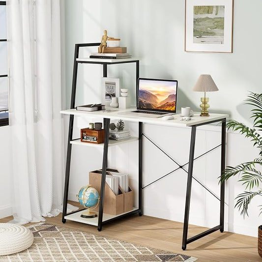 Tangkula Computer Desk with Shelves, Space Saving Home Office Desk with 3-Tier Ladder Shaped Storage Bookshelf, Modern Writing Study Desk with Metal Frame, Compact Computer Workstation (White)