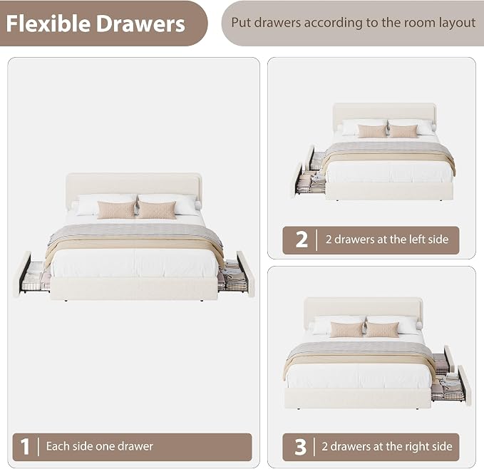 GarveeHome Bed Frame with 2 Storage Drawer, Teddy Fleece Thick Upholstered Platform Bed Frame with Adjustable Headboard, No Box Spring Needed, Cream Beige, King