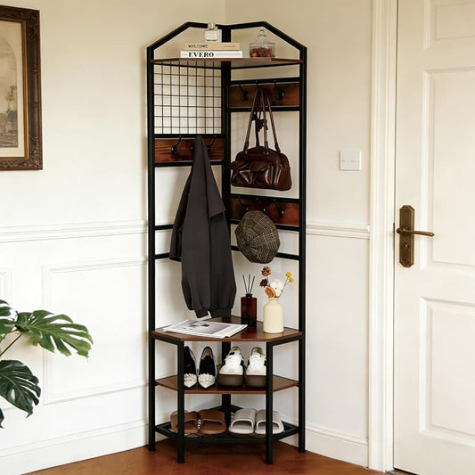 Heavy Duty Corner Hall Tree Organizer, 3-in-1 Industrial Freestanding Coat Storage Rack with Hooks and 4 Wooden Shelves for Entryway, Black