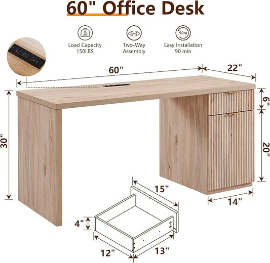 60" Fluted Office Home Desk, Reversible Left‑Right Cabinet, Built‑in Outlet | Reversible design lets you fix the cabinet on left‑hand or right‑hand side to fit your room layout