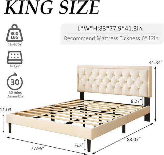 CXVX King Size Platform Bed Frame with Upholstered Velvet Button Tufted Headboard, Mattress Foundation with Wooden Slat Support, No Box Spring Needed, Easy Assembly, Noise Free, Beige