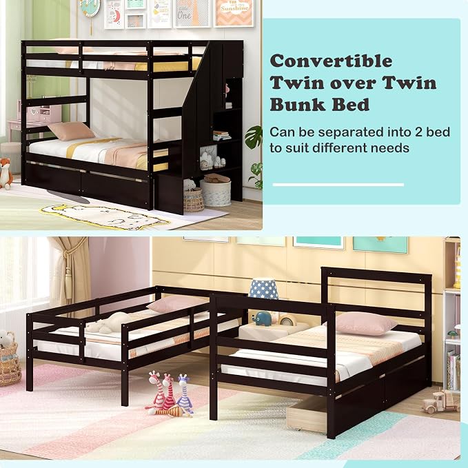 Giantex Bunk Bed Twin Over Twin with Storage Stairs & Drawers, Solid Wood Bunk Bed with Full-Length Guardrails, Convertible to 2 Beds, Versatile Bunk Beds for Kids Teens Adults, Espresso