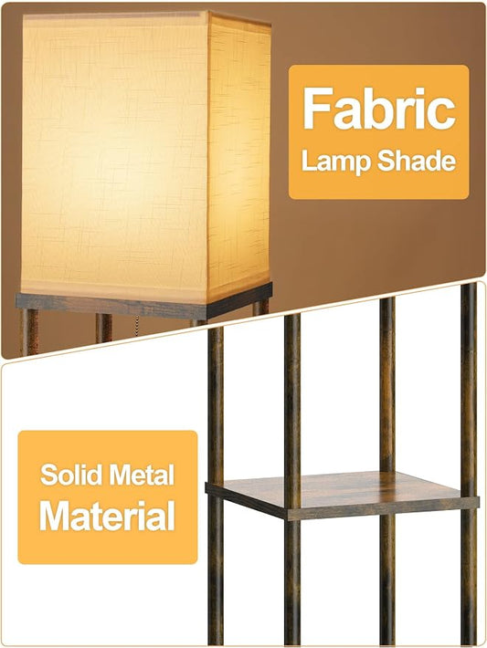 Floor Lamp with Shelves for Living Room Brown, Shelf Floor Lamp with 3 CCT LED Bulb, Corner Display Standing Column Lamp Etagere Organizer Tower Nightstand with White Linen Shade for Bedroom