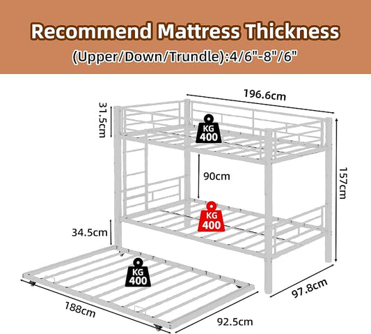 Bunk Bed with Trundle, Metal Twin Bunk Beds with Guardrail and Ladder for Kids/Teenagers/Adults, Space-Saving Bunk Bed Can be Split Into 3 Beds, No Box Spring Needed(White, with Trundle)