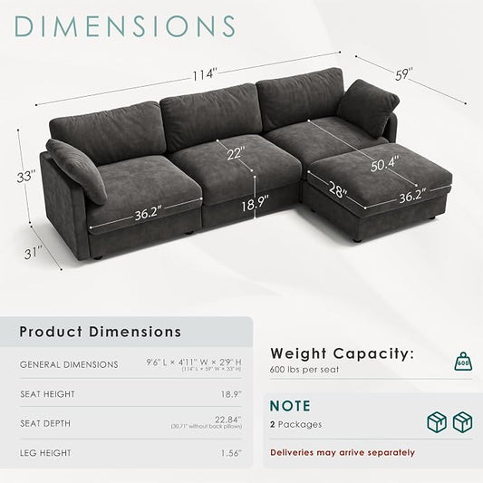 114" Cloud Couch Sectional Couches for Living Room Dark Grey | 10" High-Resilience Cloud Cushion, 36" Movable Ottoman, Plus-Size Friendly Couch, 28" Extra Deep Seat Sofa