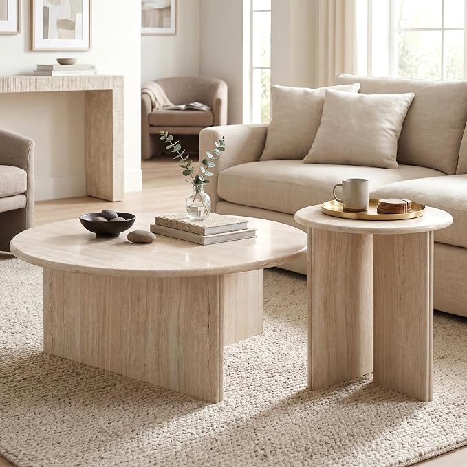 DUOMAY Wood Round Side Table Small Faux Marble Bedside Table 18" Modern End Table Natural Travertine Finish for Living Room, Bedroom, Sofa Side, Reception Room, Luxury Minimalist, Beige