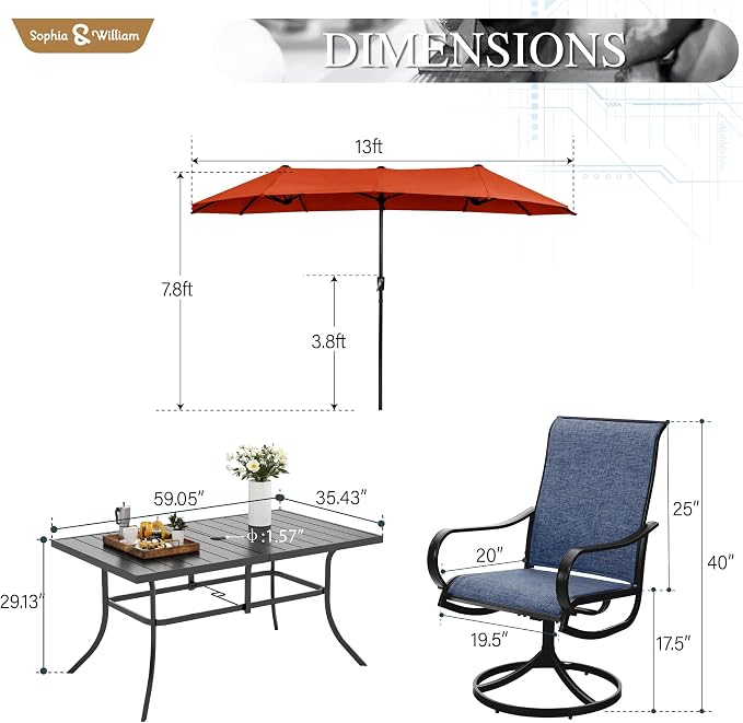 Sophia & William Patio Set with Umbrella 8 Pieces Outdoor Dining Set for 6 with 13ft Umbrella Orange Red, 6 x Blue Swivel Patio Chairs with 59" Dining Table for Lawn Garden (No Umbrella Base)