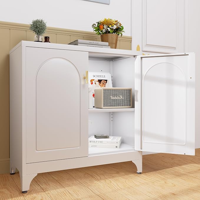 UNICOLY Buffet Cabinet with Storage, 33" H Side Board Storage Cabinet with Doors and Shelves, Metal Sideboard Cabinets for Dining Room, Living Room, White