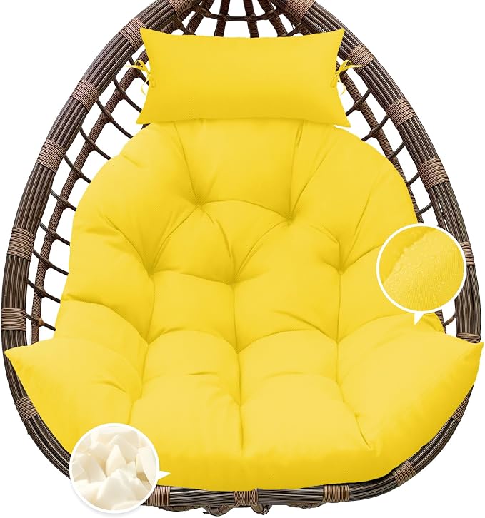 Outdoor Hanging Egg Chair Cushion Replacement, Thicken Egg Chair Cushion Waterproof Basket Eggs Chairs Cushion with Headrest Pillow, U-Shaped Cushions for Hanging Eggs Chairs Swing (Yellow)