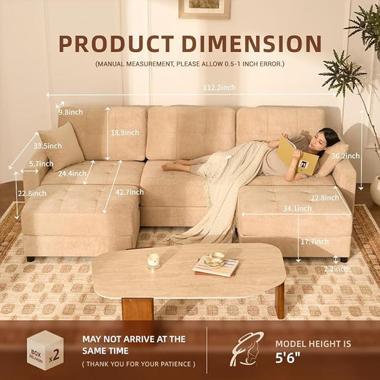 112" U Shaped Modular Cloud Sectional Couch, Waffle Fabric, Oatmeal Beige | Modular Deep Seat Sofa, Movable Ottoman, Pocket Spring Cushions, 2-Box Delivery, Living Room Lounge Use, Not Boneless