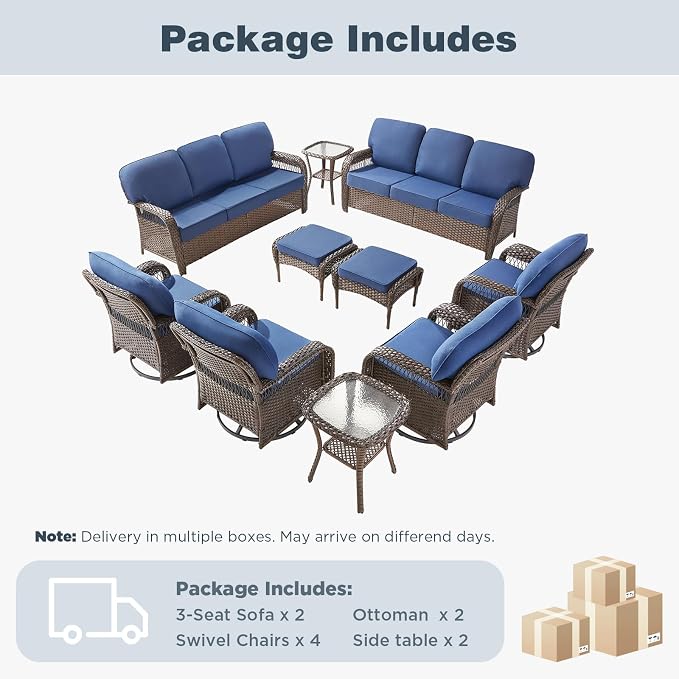 Belord Patio Wicker Swivel Rocker Patio Chairs with 3-Seater Sofa, Outdoor Rattan Chairs for Deck Porch Poolside, 10 Piece Patio Conversation Furniture Set,Blue