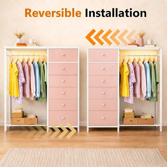 Simple Deluxe Storage Clothes Rack with 6 Drawers, Charging Station & LED Lights, Fabric Chest Shelves Clothing Rack, Wooden Portable Wardrobe Closet, 49.2" W x 15.7" D x 47.2" H, PINK