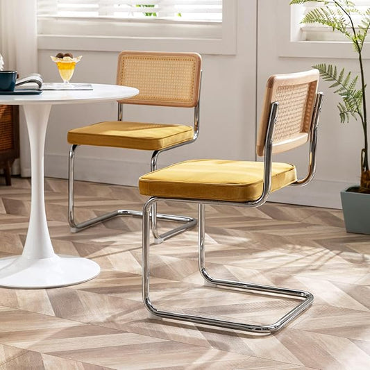 Zesthouse Natural Rattan Dining Chairs Set of 2, Modern Dining Room Chairs with Solid Wood Back for Kitchen Living Room, Mid Century Breuer Design Inspired, Upholstered Velvet Fabric, Yellow