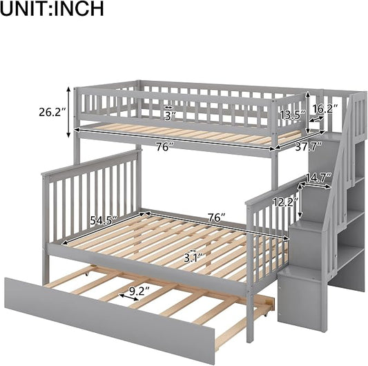 MERITLINE Twin Over Full Bunk Bed with Trundle, Storage Staircase,Solid Wood Bunk Bed with Storage Stairs Box and Guardrail, No Spring Box Needed (Grey)