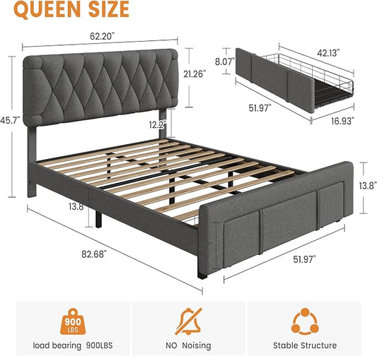 GarveeHome Queen Size Bed Frame, Upholstered Platform Bed Frame with Storage Drawers, Mattress Foundation with Solid Wooden Slats Support, No Box Spring Needed, Grey