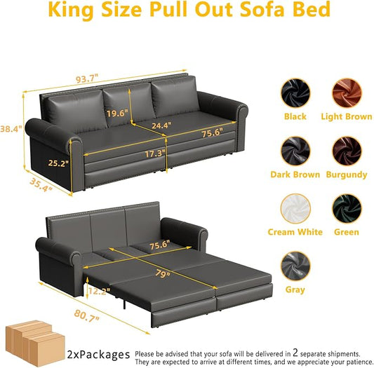 93.7" King Pull Out Sofa Bed, Faux Leather Sleeper Sofa Couch, 3 in 1 Convertible Futon Couches for Living Room, Small Space, Apartment, Office, Bedroom, Modern Rivet Armrest, Grey