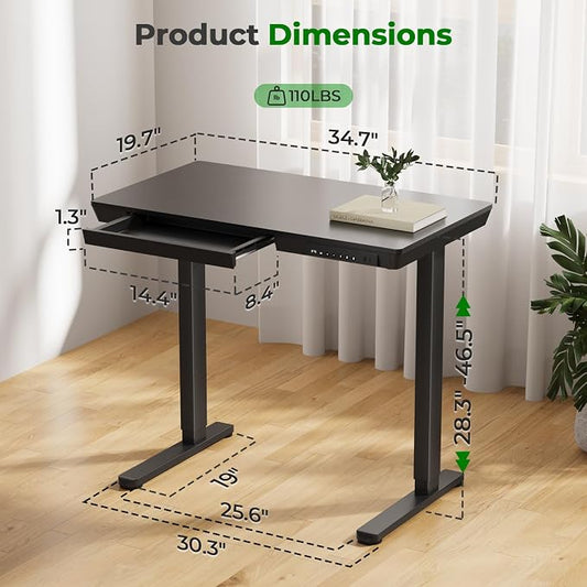 Electric Standing Desk with Drawer, 35" x 20" Whole Piece Tabletop Small Sit Stand Table, Height Adjustable Desk with Storage & USB Ports, Quick Install Home Office Computer Desk, Black