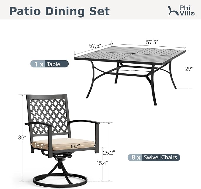 PHI VILLA 9 Pieces Outdoor Dining Set for 8, 57.5" Black Square Metal Table with Umbrella Hole & Swivel Wrought Iron Chairs with Cushions, Large Outside Furniture Set for Patio, Deck, Yard, Porch