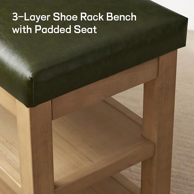 Zihanhome Shoe Rack Bench with Leather Cushion, 2 Tier Solid Wood Storage Bench, Mid-Century Modern Shoe Bench for Entryway, Hallway, Closet, Front Door Entrance, Foyer (Green, 39.4")