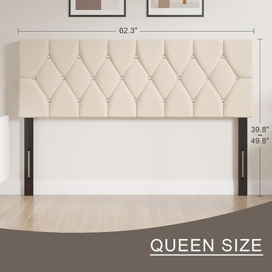 VECELO Tufted Upholstered Headboard Queen Size, with 6 Adjustable Height from 39.8" to 49.8", Button Diamond Design, Easy Assembly, Beige