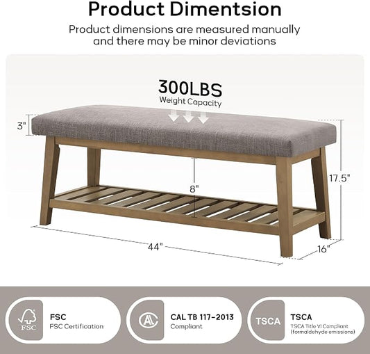 Entryway Bench with Cushion, Upholstered Shoe Rack Bench with Solid Wood Shelf, 44" End of Bed Bench for Bedroom, Chenille Fabric Storage Bench for Entryway, Hallway, Living Room (Grey)