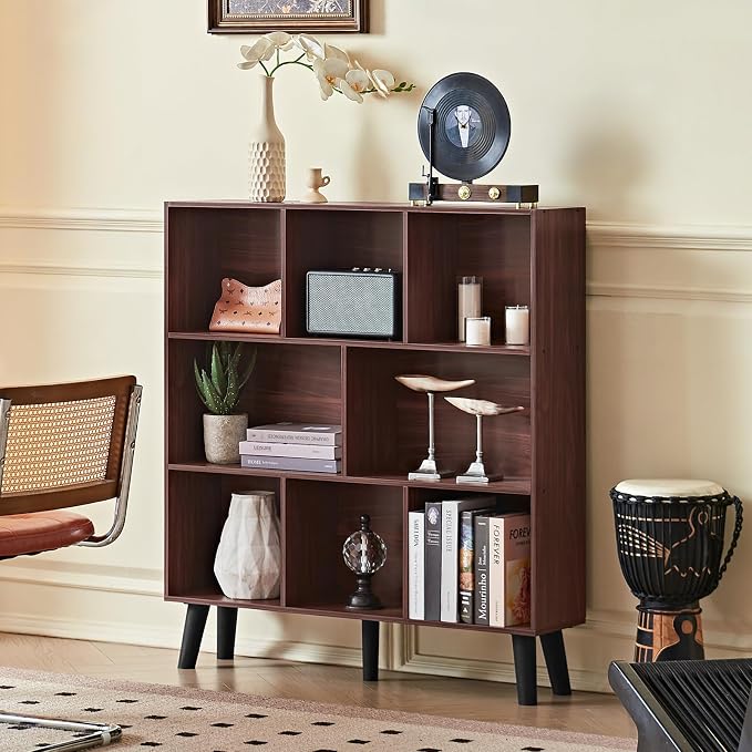 LEYAOYAO 8 Cube Bookshelf 3-Tier Bookcase with Legs, Mint-Walnut Kids Book Shelf Cute Storage Organizer, Large Open Toy Shelves Modern Bookshelves,Display Bookcases for Bedroom,Living Room,Nursery