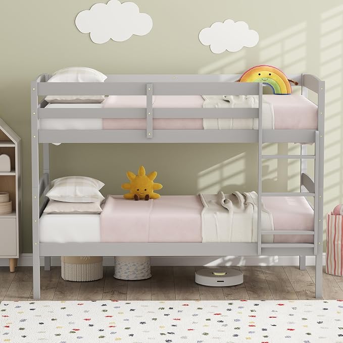 KOMFOTT Bunk Bed Twin Over Twin, Bed Frame w/Full-Length Guardrail & Integrated Ladder, Wood Bunk Bed for Small Space, Converts to 2 Individual Beds for Kids & Adults, No Box Spring Needed