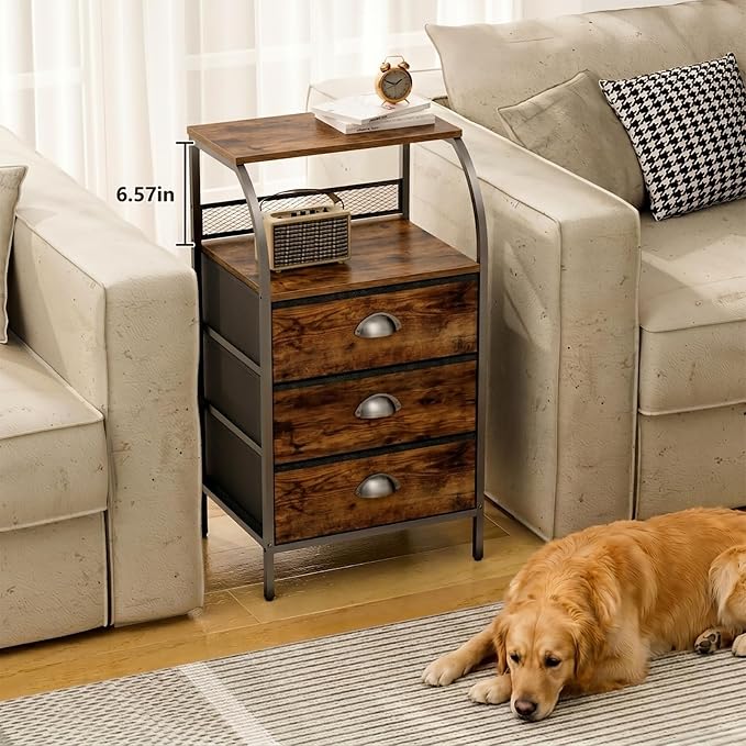 Night Stand Set 2, Tall Nightstand with 3 Fabric Drawers, Bedside Table with 2-Tier Wood Shelf, End Table for Bedroom, Steel Frame, Wood Top, Rustic Brown