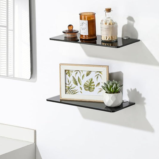 SAYAYO Glass Floating Shelves for Wall, Tempered Glass Shelves for Bathroom, Living Room, Bedroom, Office, Toilet, Kitchen Decor, 12 Inch Set of 2, Black