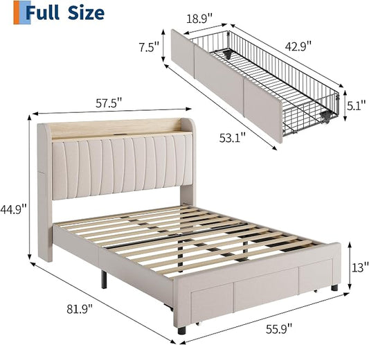 GarveeHome Upholstered Bed Frame with Storage Headboard and Charging Station, Platform Bed Frame with Drawers, Heavy Duty, No Box Spring Needed, Easy Assembly, Beige, Full Size