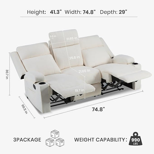 75'' Manual Reclining Sofa with Storage Drawer, 3 Seat Wall Hugger Recliner Couch with Cup Holders, Side Pockets, Chenille Fabric, Compact 3-Person Recliner for RV, Living Room, Apartment (Beige)