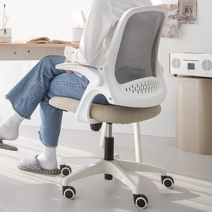 NEO CHAIR Office Desk Gaming Ergonomic Computer Chair with Lumbar Back Support Adjustable Height Swivel Rolling Wheels Flip-up Arms Mesh Chair for Home Vanity (Beige)