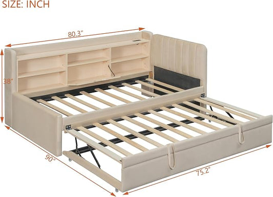 Merax Modern Upholstered Platform Bed Frame with USB Ports & Trundle Bed, Floor Sofa Day Bed with Storage Shelves, No Box Spring Needed/Easy Assemble/Twin, Beige