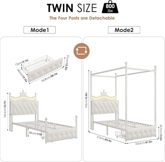 Keyluv Twin Size Upholstered LED Canopy Bed Frame with Charging Station and Drawer, Button Tufted Crown Headboard with Storage Shelf, Two-Purpose Removable Four Poster Design Platform Bed, Beige